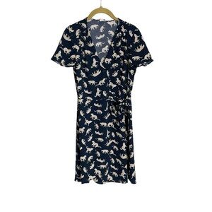 J Crew Navy Cheetah Printed V Neck True Wrap Dress 00